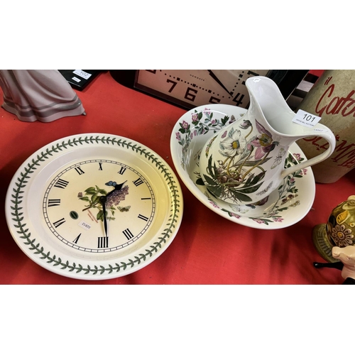 101 - PORTMEIRION BOTANICAL GARDENS WASH BOWL & JUG SET & A WALL CLOCK