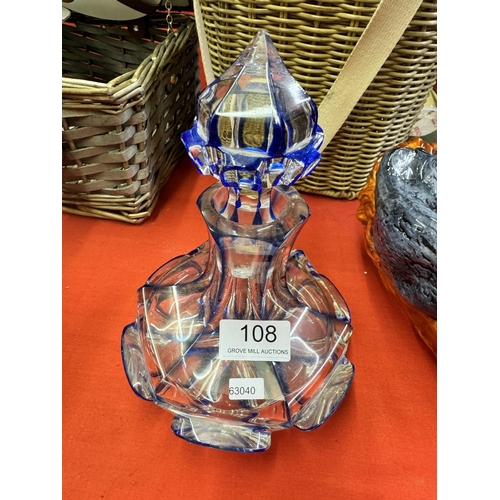 108 - VINTAGE ART DECO CLEAR & BLUE GLASS PERFUME DECANTER