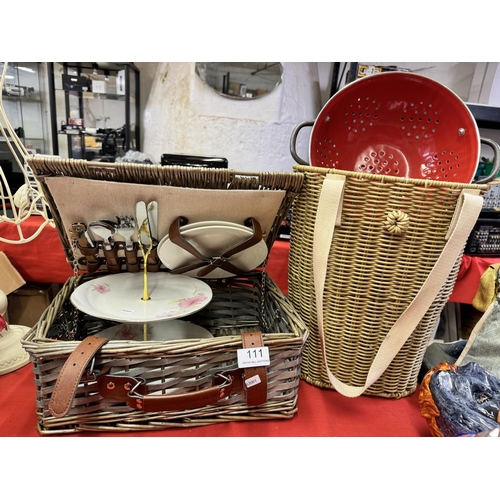 111 - WICKER PICNIC BASKET, CHINA CAKE STAND, METAL COLANDER & A WICKER BOTTLE BASKET