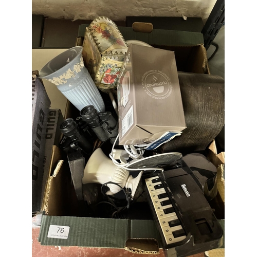 76 - BOX OF ASSORTED ITEMS INCL WEDGWOOD, NOVELTY PIANO TELEPHONE & BINOCULARS