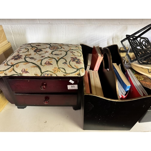 85 - UPHOLSTERED WORK BOX ON CASTORS, MAGAZINE RACK & STANLEY GIBBONS CATALOGUES