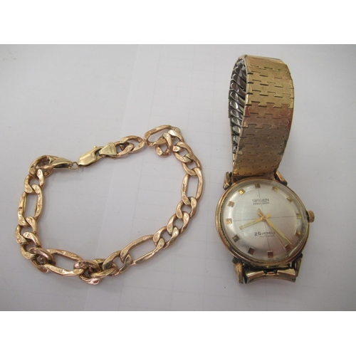 159 - A yellow metal curb link bracelet&nbsp; stamped 10k; and a Gruen gold plated manual wristwatch, face... 