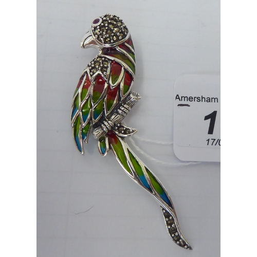 160 - A silver plique-a-jour parrot pendant/brooch, set with marcasite&nbsp; stamped 925