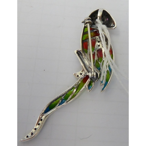 160 - A silver plique-a-jour parrot pendant/brooch, set with marcasite&nbsp; stamped 925