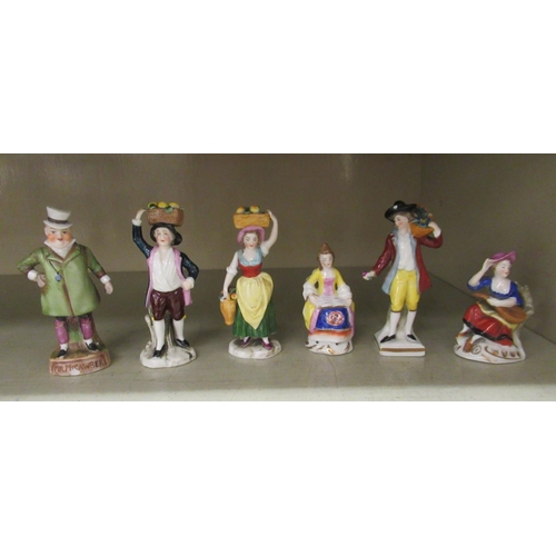 120 - Ten similar 20thC Continental china figures: to include 'The Artful Dodger' and 'Mr Micawber'  ... 