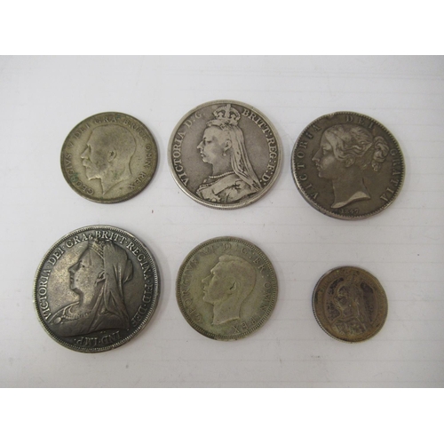 327 - Six British pre-decimal coins: to include an 1847 silver crown 