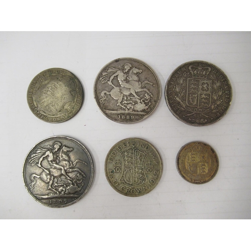 327 - Six British pre-decimal coins: to include an 1847 silver crown 