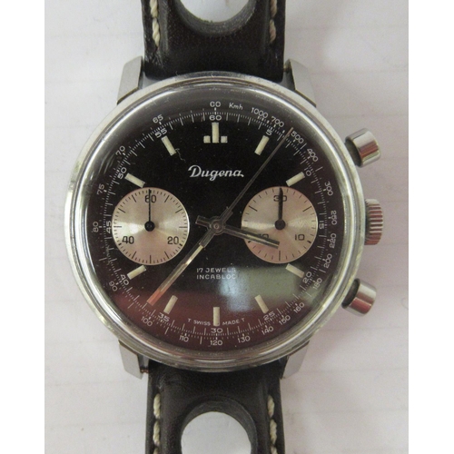 328 - A Dugena stainless steel cased wristwatch, the 17 jewel movement faced by a baton dial with two subs... 