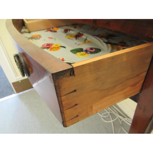 334 - An early 19thC mahogany bow front side table with a frieze drawer, raised on square, tapered legs&nb... 