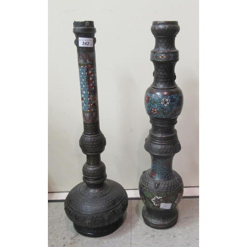 342 - A 19thC Chinese cast and part patinated, enamelled bronze, two-part pipe of multi-knopped and bulbou... 