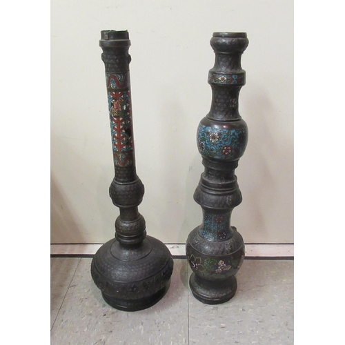 342 - A 19thC Chinese cast and part patinated, enamelled bronze, two-part pipe of multi-knopped and bulbou... 