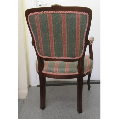 58 - A modern Continental style, stained beech framed, part button upholstered in striped fabric open arm... 