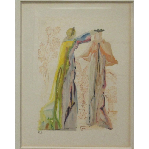 71 - After Salvador Dali- two abstract figures about to embrace  coloured print  bears a pencil... 