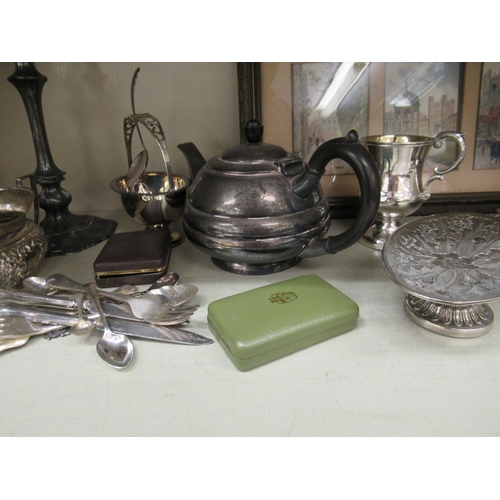 78 - A mixed lot: to include silver plated tableware and a pair of base metal candlesticks with detachabl... 