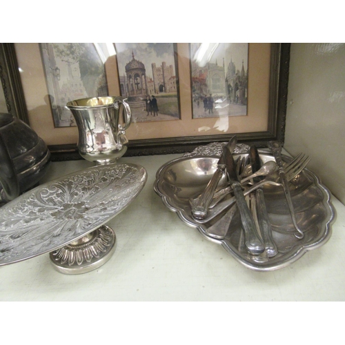 78 - A mixed lot: to include silver plated tableware and a pair of base metal candlesticks with detachabl... 