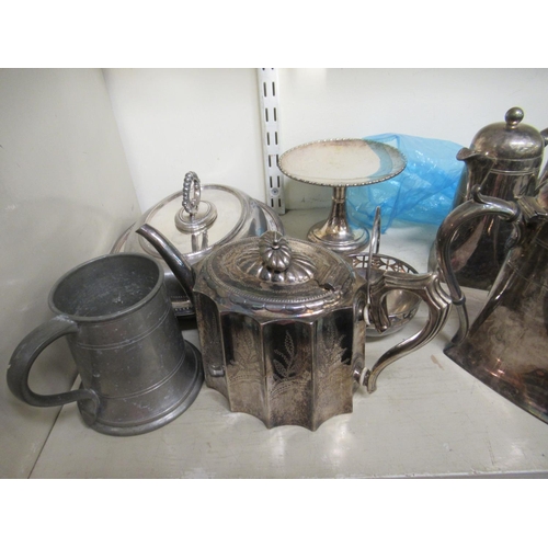 92 - Silver plated tableware: to include a teapot and hot water pot, each of square outline; and an eleva... 