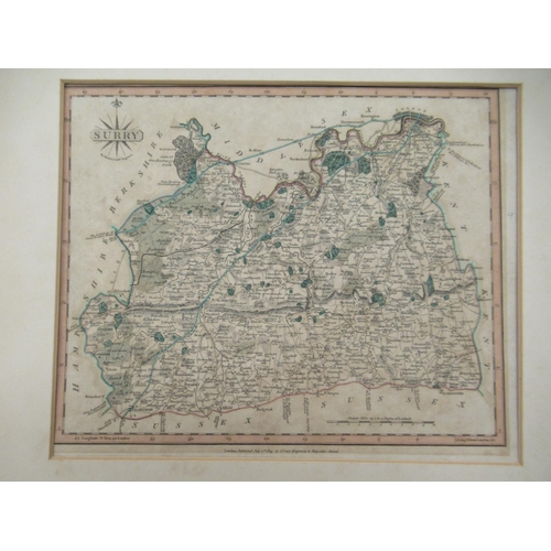 96 - Two John Cary printed coloured county maps 'Cornwall' and 'Surrey'  8.5