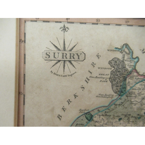 96 - Two John Cary printed coloured county maps 'Cornwall' and 'Surrey'  8.5