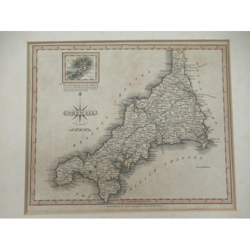 96 - Two John Cary printed coloured county maps 'Cornwall' and 'Surrey'  8.5