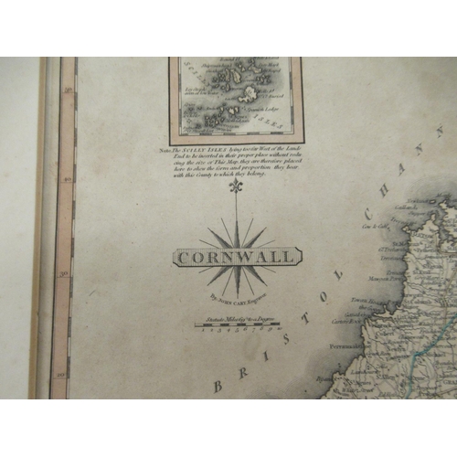 96 - Two John Cary printed coloured county maps 'Cornwall' and 'Surrey'  8.5