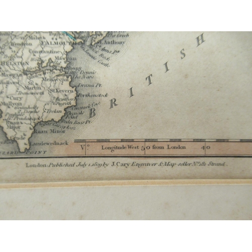 96 - Two John Cary printed coloured county maps 'Cornwall' and 'Surrey'  8.5