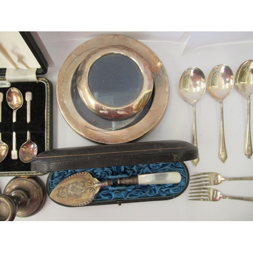 171 - Silver collectables and flatware: to include dwarf candlesticks  4.5