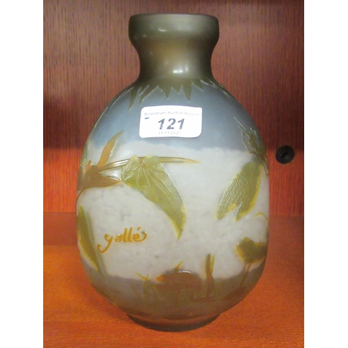 121 - In the manner of Galle, a multi-coloured glass vase of ovoid form, decorated with dragonflies amongs... 