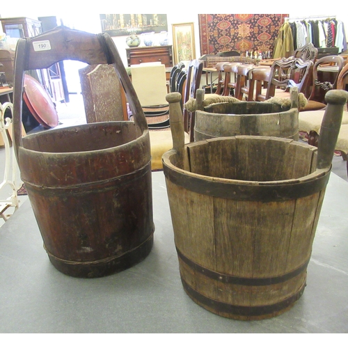 190 - Three rustically constructed agricultural wooden pails 