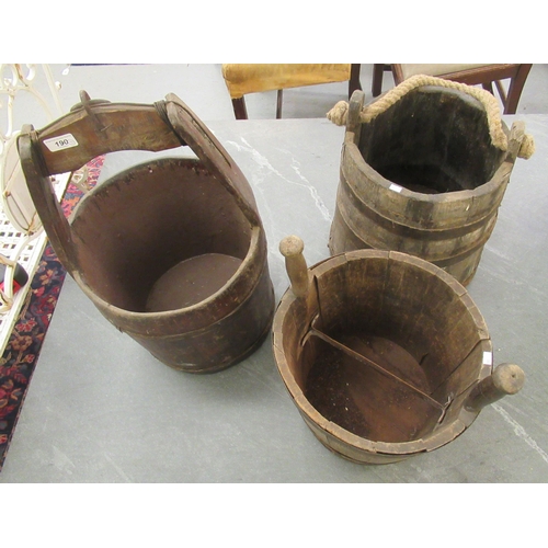 190 - Three rustically constructed agricultural wooden pails 