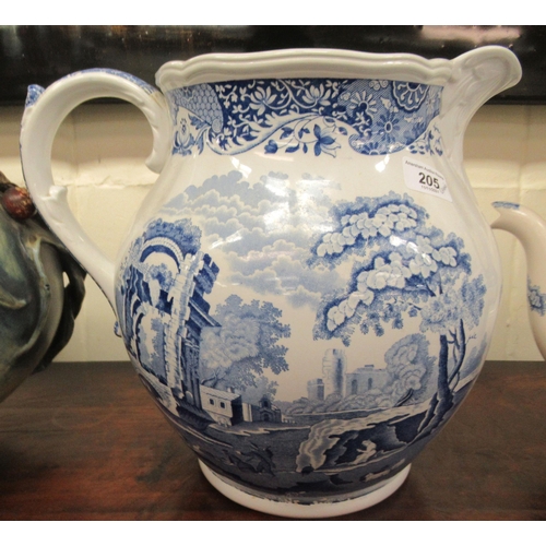 205 - Ceramics, viz. a Spode china Italian pattern 'oversized' teapot; a Spode china wash jug; four Spode ... 