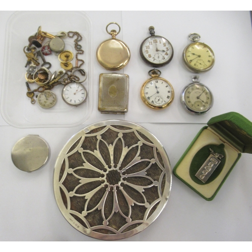 213 - A mixed lot: to include four various pocket watches; a silver mounted teapot stand; and a silver pen... 