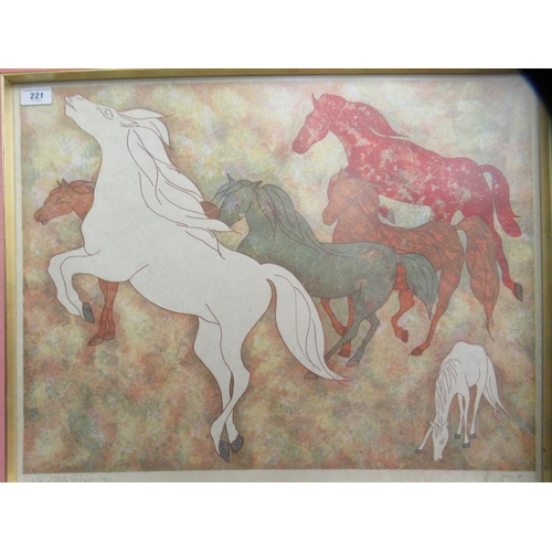 221 - Modern French School - an equestrian study  coloured print  bears a pencil indistinct titl... 