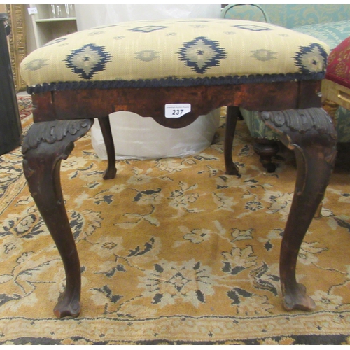 237 - A 1920s/1930s mahogany framed stool with a tapestry upholstered top, raised on cabriole legs  1... 