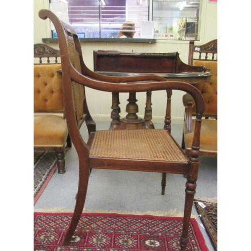 240 - An Edwardian Shoolbred & Co satinwood inlaid mahogany bedroom chairs with a caned seat, raised o... 