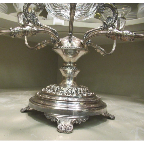 251 - An early 20thC silver plated four branch epergne with five glass bowls, on a pedestal stand  13... 