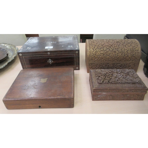 87 - Wooden boxes: to include a late Victorian mother-of-pearl rosewood jewellery box with a hinged lid a... 