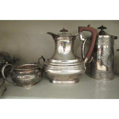 98 - Silver plate: to include a late Victorian hot water jug with an ear shaped handle 