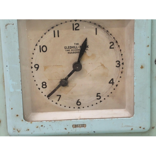 122 - A vintage Gledhill Brook time recorder with wall mounting points, in a pale blue painted case, locka... 