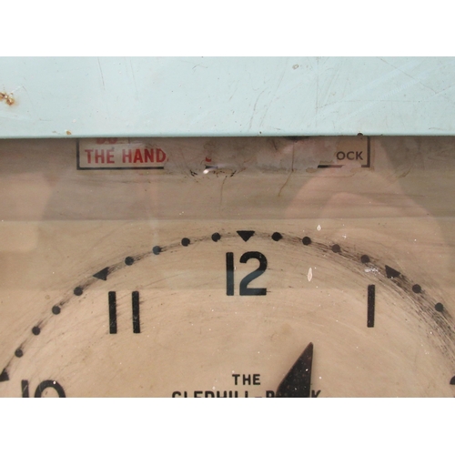 122 - A vintage Gledhill Brook time recorder with wall mounting points, in a pale blue painted case, locka... 