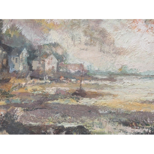 125 - Cannon - a shoreline scene with cottages and figures by small vessels&nbsp; oil on board&nbsp; bears... 