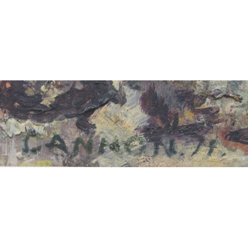 125 - Cannon - a shoreline scene with cottages and figures by small vessels&nbsp; oil on board&nbsp; bears... 