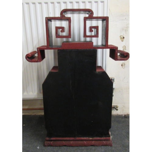 136 - A 19thC Chinese cinnabar table cabinet with a scholar's cap superstructure, on a Ming style base, fe... 