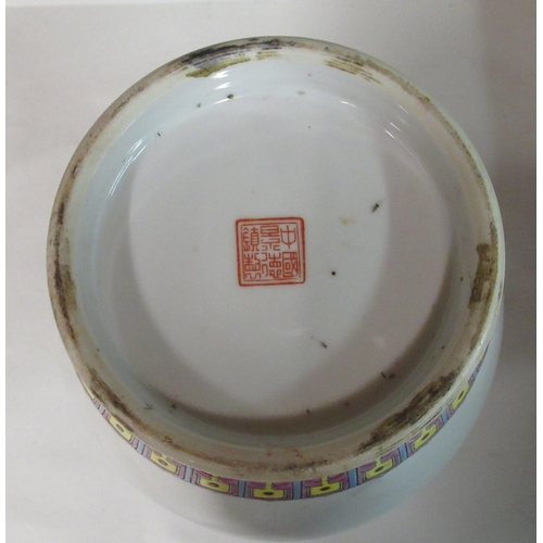 144 - A mid 20thC Chinese famille rose porcelain baluster shaped vase, having a waisted neck and flared up... 