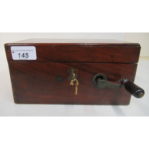 145 - A late 19thC manual Magneto-Electro machine (for nervous and other deceases) in a mahogany case with... 