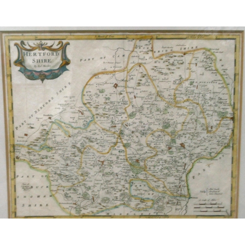 150 - An 18thC Robert Morden coloured county map 'Hertfordshire' incorporating a banner title cartouche an... 