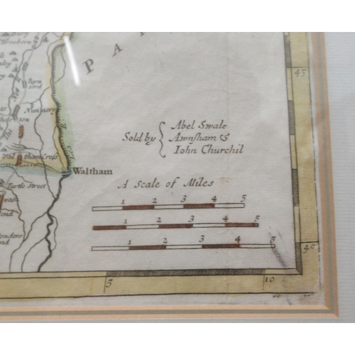 150 - An 18thC Robert Morden coloured county map 'Hertfordshire' incorporating a banner title cartouche an... 