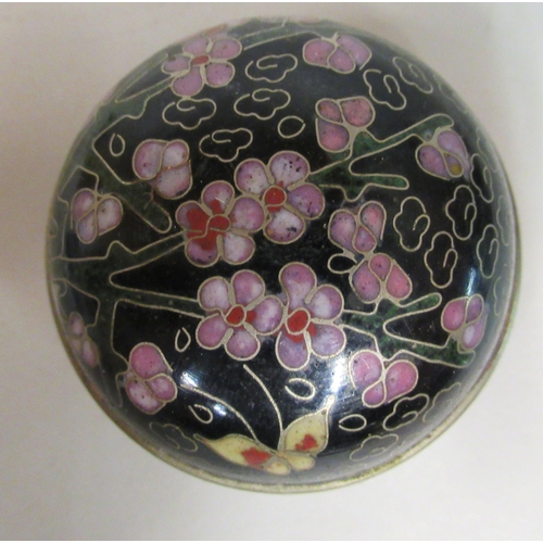 155 - An early 20thC Chinese silver coloured metal enamel paste pot and cover, decorated in pink and other... 