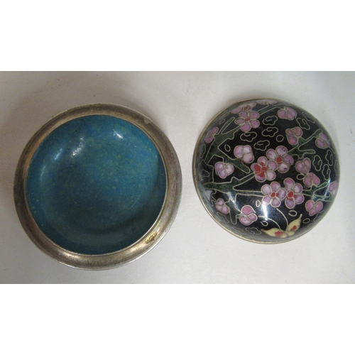 155 - An early 20thC Chinese silver coloured metal enamel paste pot and cover, decorated in pink and other... 