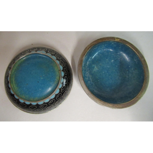 155 - An early 20thC Chinese silver coloured metal enamel paste pot and cover, decorated in pink and other... 