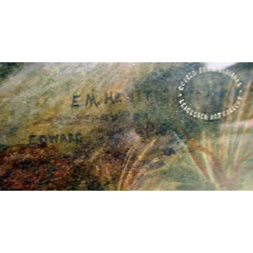 164 - E M Hewitt - a 19thC shoreline scene with sheep on a hillside in the foreground and mountains beyond... 